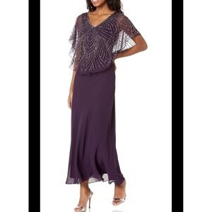 JKARA Women's 20W Plus Chiffon Beaded Popover A-Line 3/4 Sleeve Formal Gown